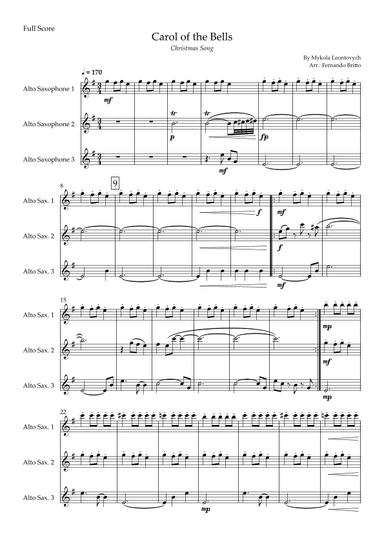Carol of The Bells - Jazz Version (Christmas Song) for Saxophone Trio (arr. Fabio Britto)