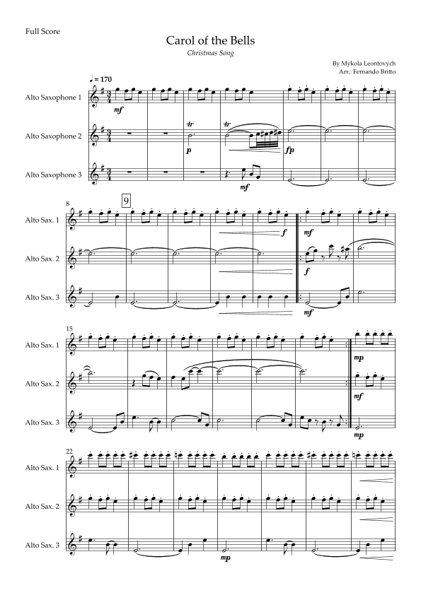 Carol of The Bells - Jazz Version (Christmas Song) for Saxophone Trio (arr. Fabio Britto)