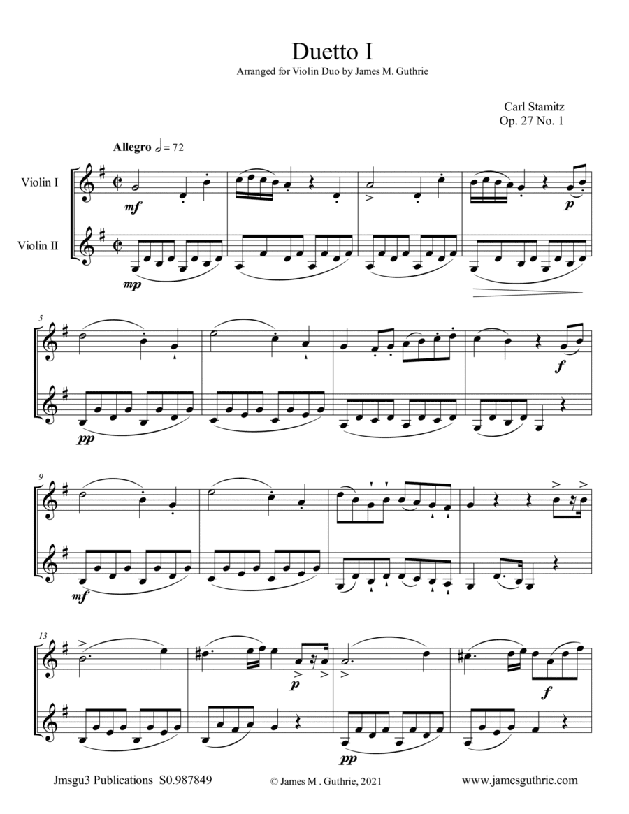 Stamitz: Duet Op. 27 No. 1 for Violin Duo (arr. James M. Guthrie)