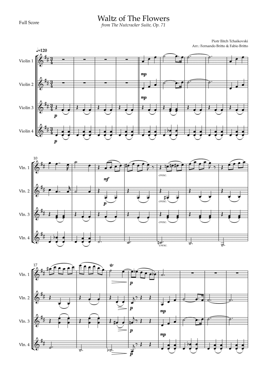 Waltz of The Flowers - from Nutcracker (P. I. Tchaikovsky) for Violin Quartet (arr. Fernando Britto, Fabio Britto)