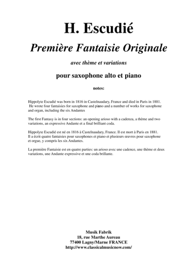 Hippolyte Escudié: Première Fantaisie Originale for alto saxophone and piano (arr. Musik Fabrik Music Publishing)