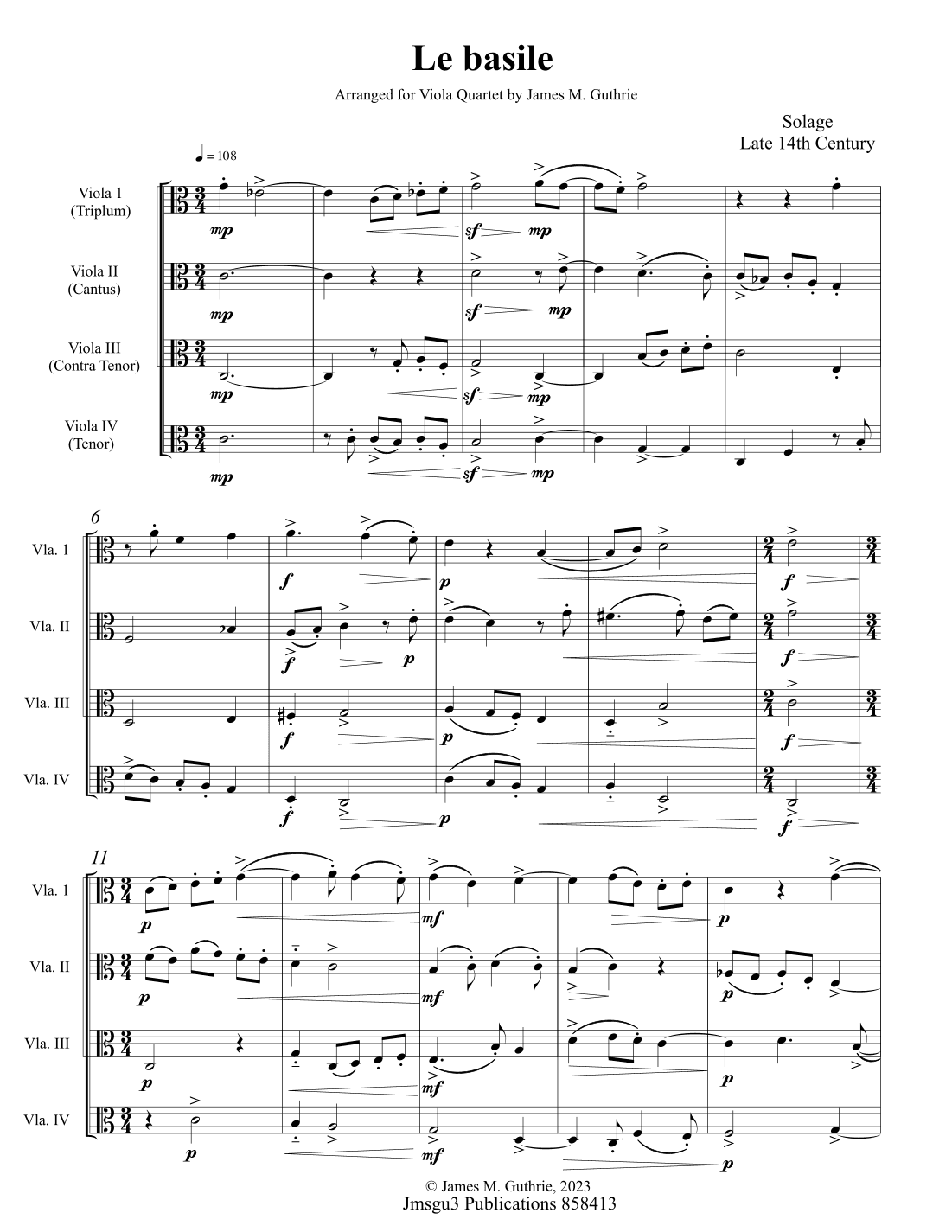 Solage: Le basile for Viola Quartet (arr. James M. Guthrie)