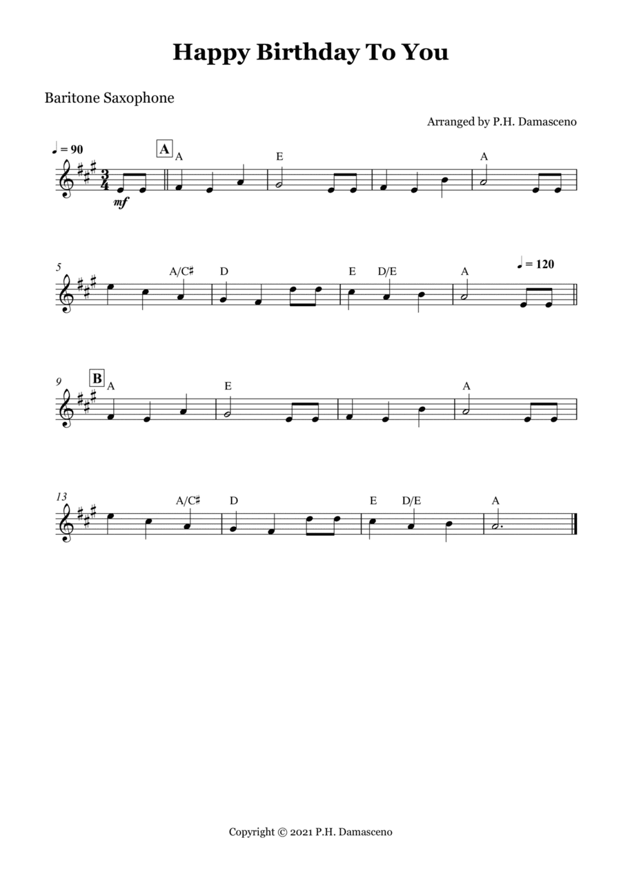 Happy Birthday To You - Baritone Saxophone Solo with Chords (arr. P.H. Damasceno)