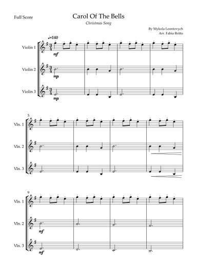 Carol Of The Bells (Christmas Song) for Violin Trio (arr. Fabio Britto)