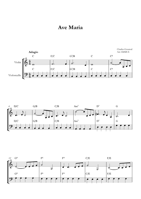 Ave Maria (Bach-Gounod) in C Major for Violin and Cello With Chords (arr. SMMUS)