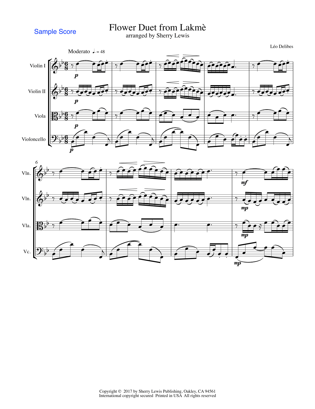 FLOWER DUET from Lakmè,  String Quartet, Intermediate Level for 2 violins, viola and cello (arr. Sherry Lewis)