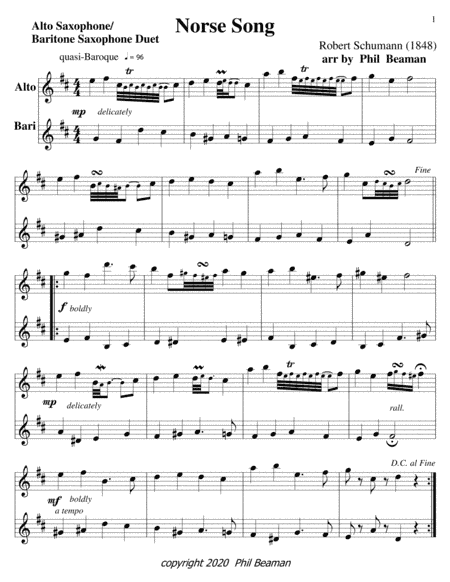 Norse Song-Schumann-alto sax-bari sax duet (arr. Phil Beaman)