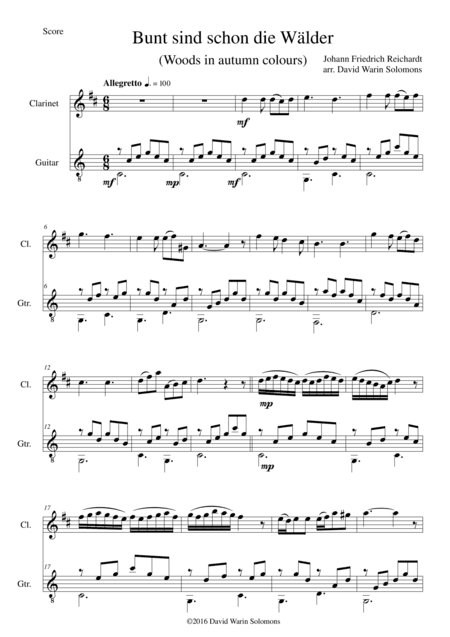 Bunt sind schon die Wälder (Woods in autumn colours) for clarinet and guitar (arr. David Warin Solomons)