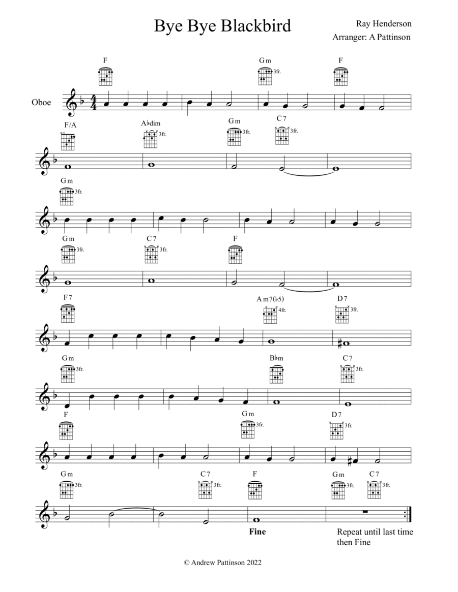 Bye Bye Blackbird for oboe with guitar chords (arr. Andrew Pattinson)