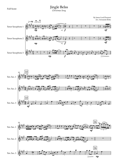 Jingle Bells - Jazz Version (Christmas Song) for Tenor Saxophone Trio (arr. Fernando Britto)