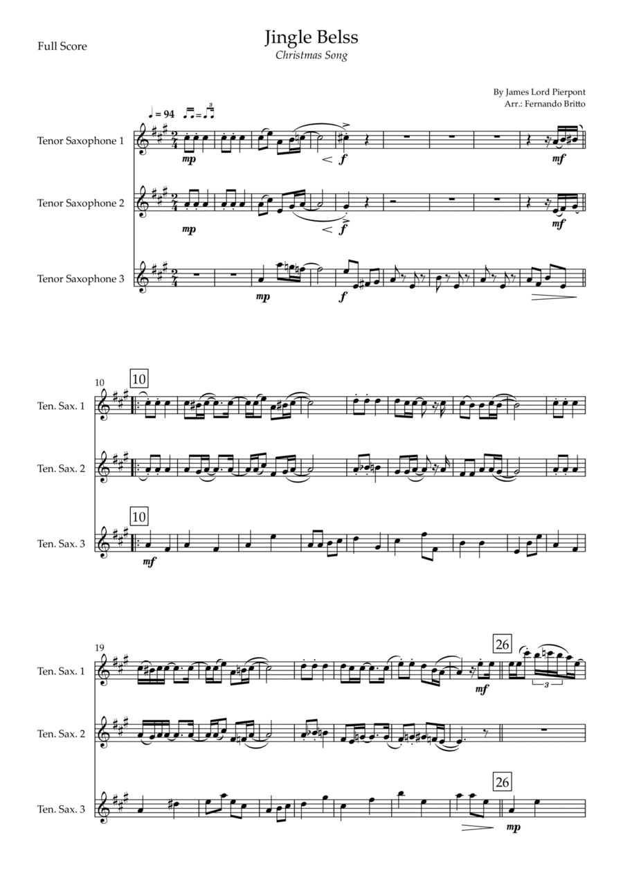 Jingle Bells - Jazz Version (Christmas Song) for Tenor Saxophone Trio (arr. Fernando Britto)