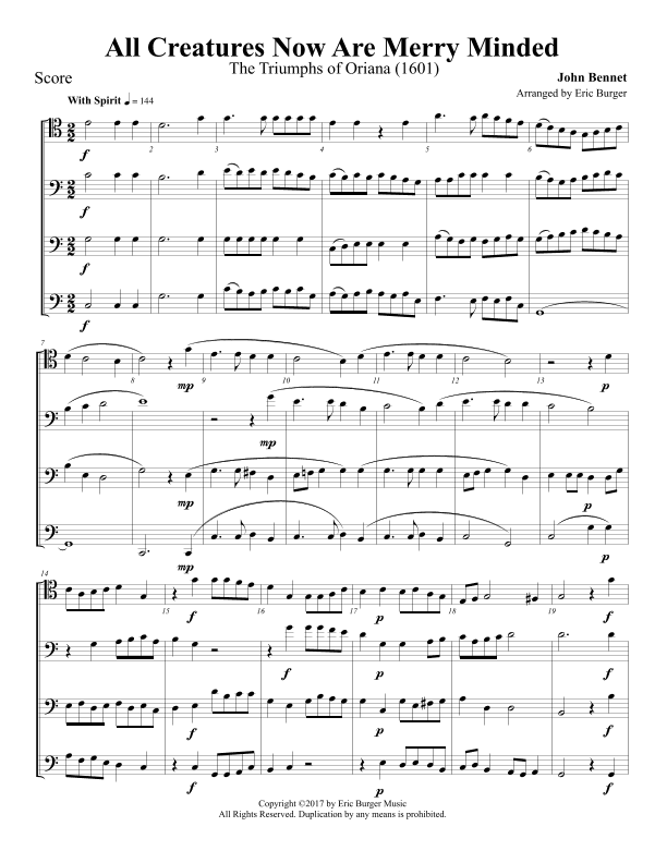 All Creatures Now Are Merry Minded for Trombone or Low Brass Quartet (arr. Eric Burger Music)