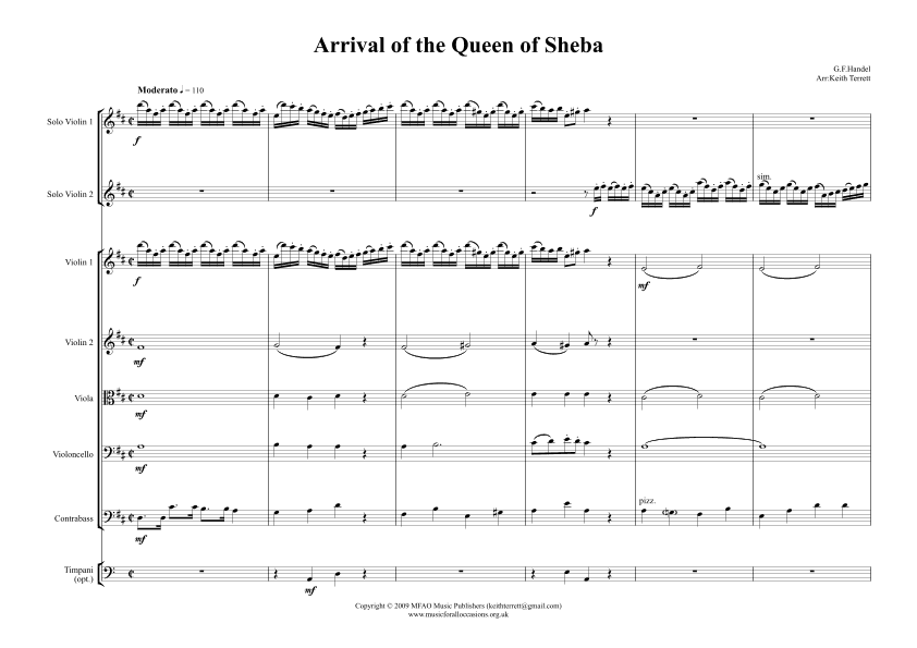 The Arrival of the Queen of Sheba for 2 Violins & String Orchestra (arr. Keith Terrett)