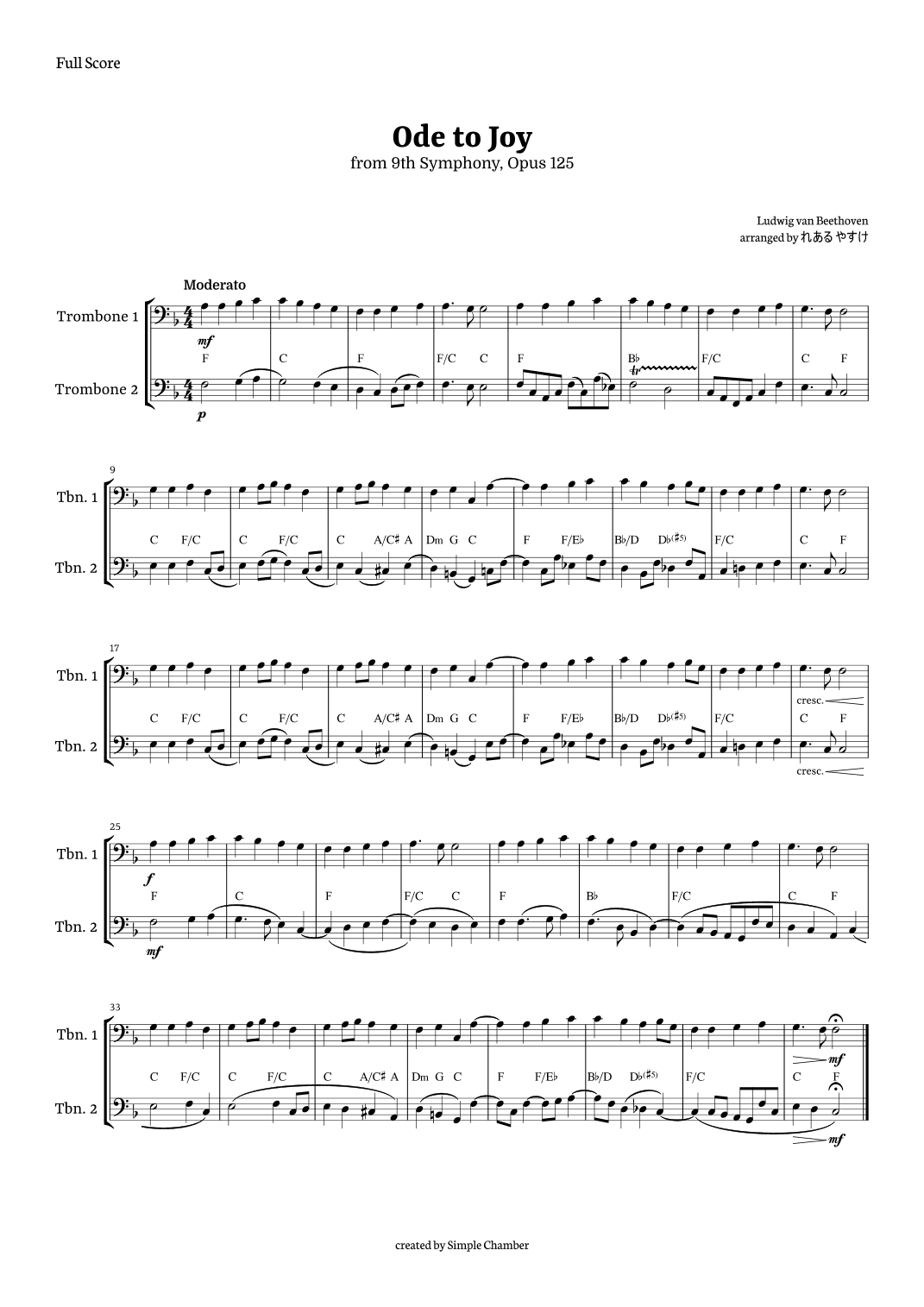 Ode to Joy for Trombone Duet by Beethoven Opus 125 (arr. れある やすけ)