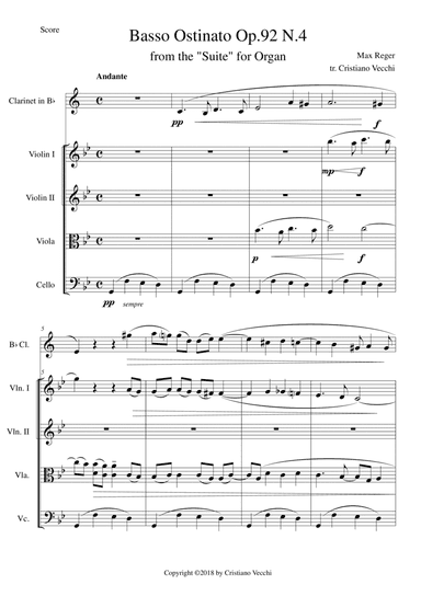 Basso Ostinato Op.92 N.4 for Clarinet and String Quartet (arr. Cristiano Vecchi)