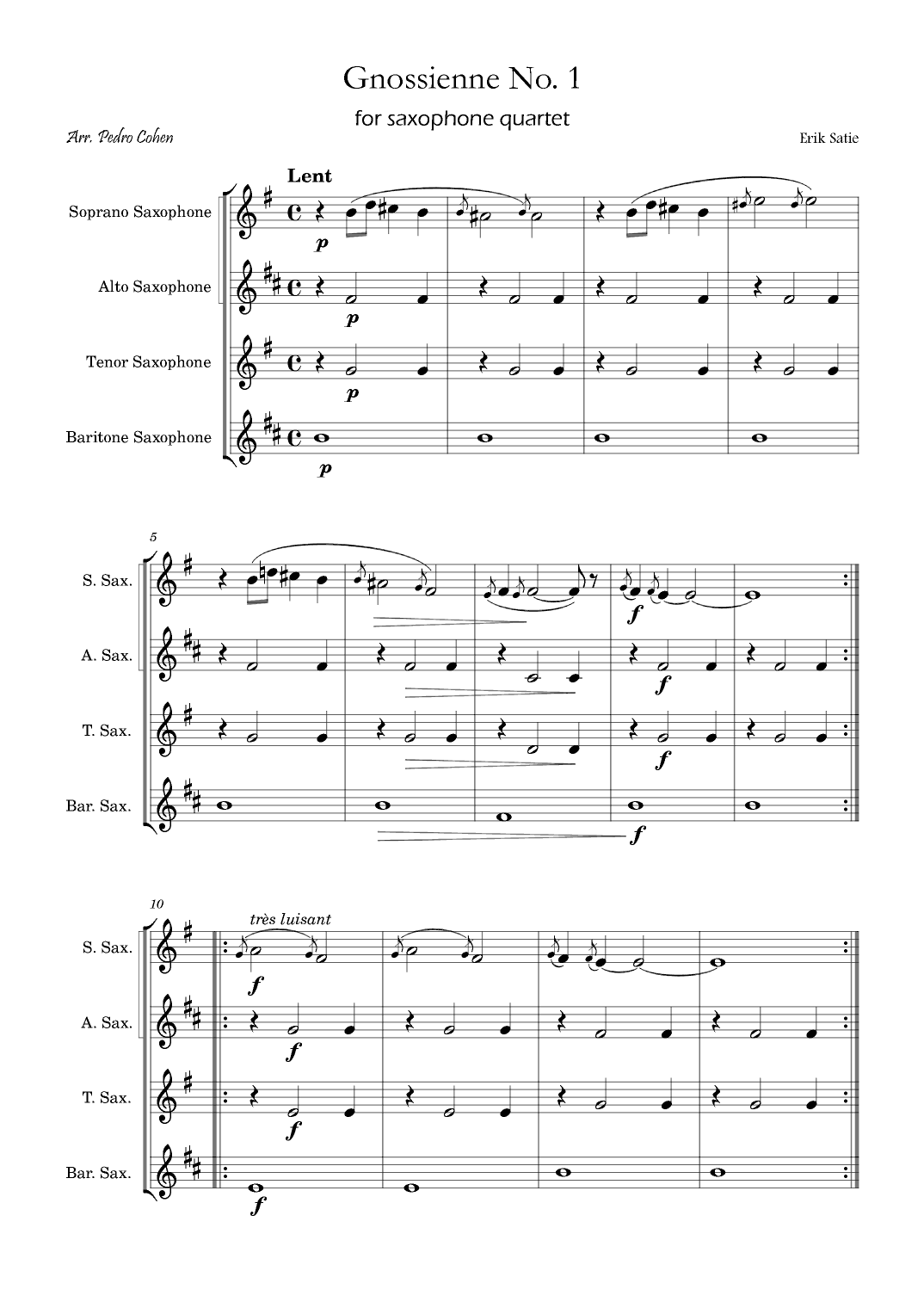 Gnossienne No. 1 – for Saxophone Quartet (arr. Pedro Cohen)