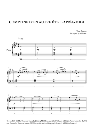 Comptine D'un Autre Été: L'après-midi (arr. Milanov)