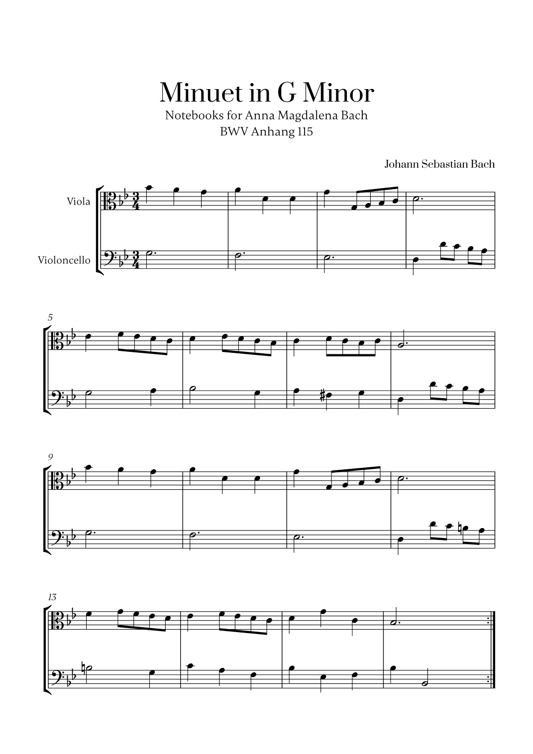 J. S. Bach - Minuet in G Minor for Viola and Cello (arr. Cadenza Editions)