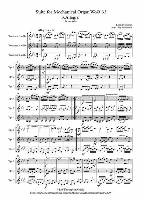 Beethoven: Suite for Mechanical Organ (Clock) WoO 33 Mvt. 3 Allegro - high brass trio (treble clef) (arr. Ray Thompson)
