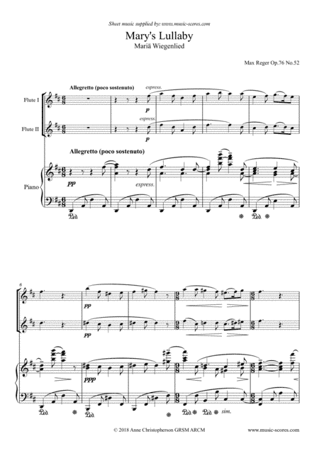 Mary's Lullaby, or Maria Wiegenlied - 2 Flutes and Piano (arr. Anne Christopherson GRSM ARCM)