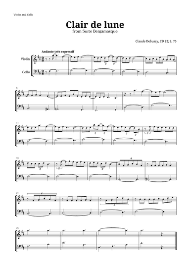 Clair de Lune by Debussy for Violin and Cello (arr. Langanho)