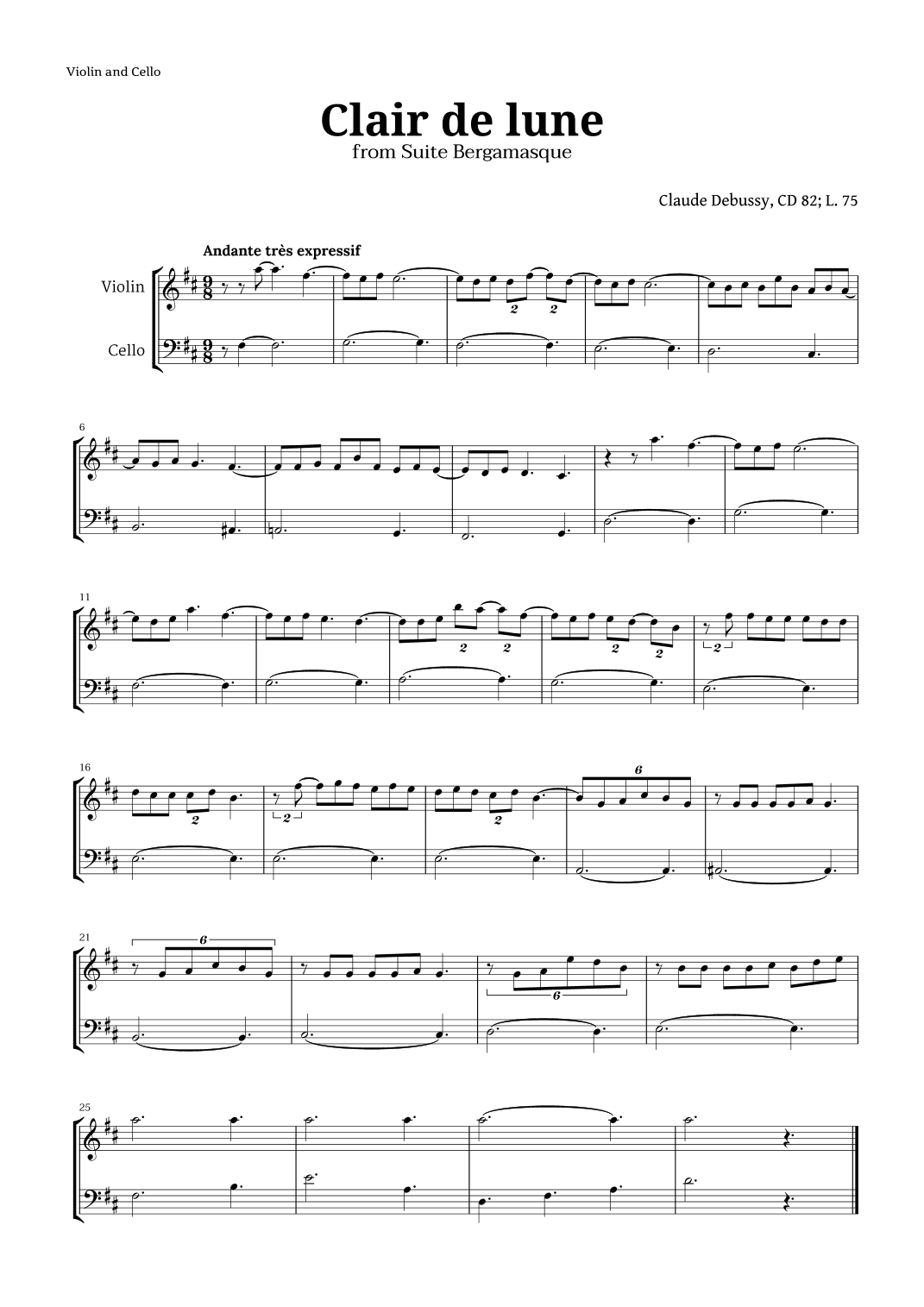 Clair de Lune by Debussy for Violin and Cello (arr. Langanho)