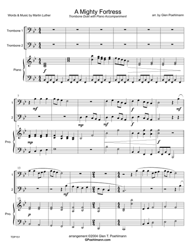 A MIGHTY FORTRESS - TROMBONE DUET with Piano Accompaniment (Grade 2-) (arr. Glen Poehlmann)