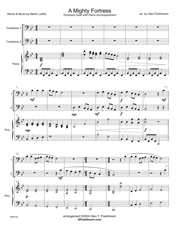 A MIGHTY FORTRESS - TROMBONE DUET with Piano Accompaniment (Grade 2-) (arr. Glen Poehlmann)