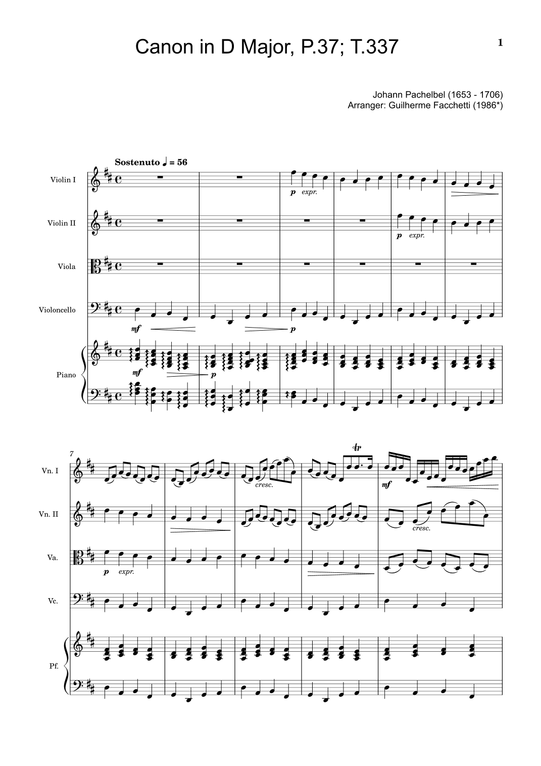 Johann Pachelbel - Canon in D Major, P.37; T.337. Arrangement for String Quartet and Piano. (arr. Guilherme Facchetti)