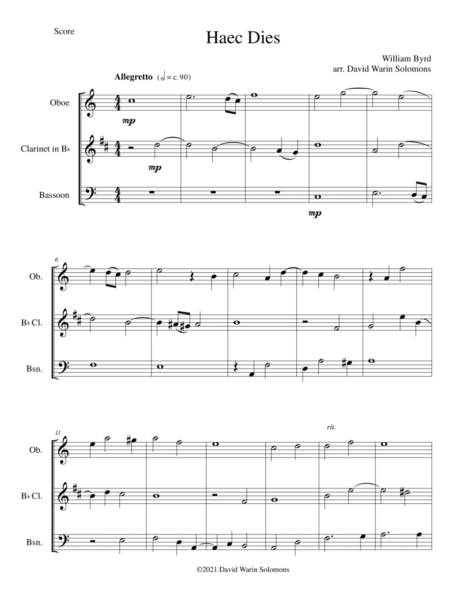 Haec Dies a 3, for wind trio (oboe, clarinet, bassoon) (arr. David Warin Solomons)