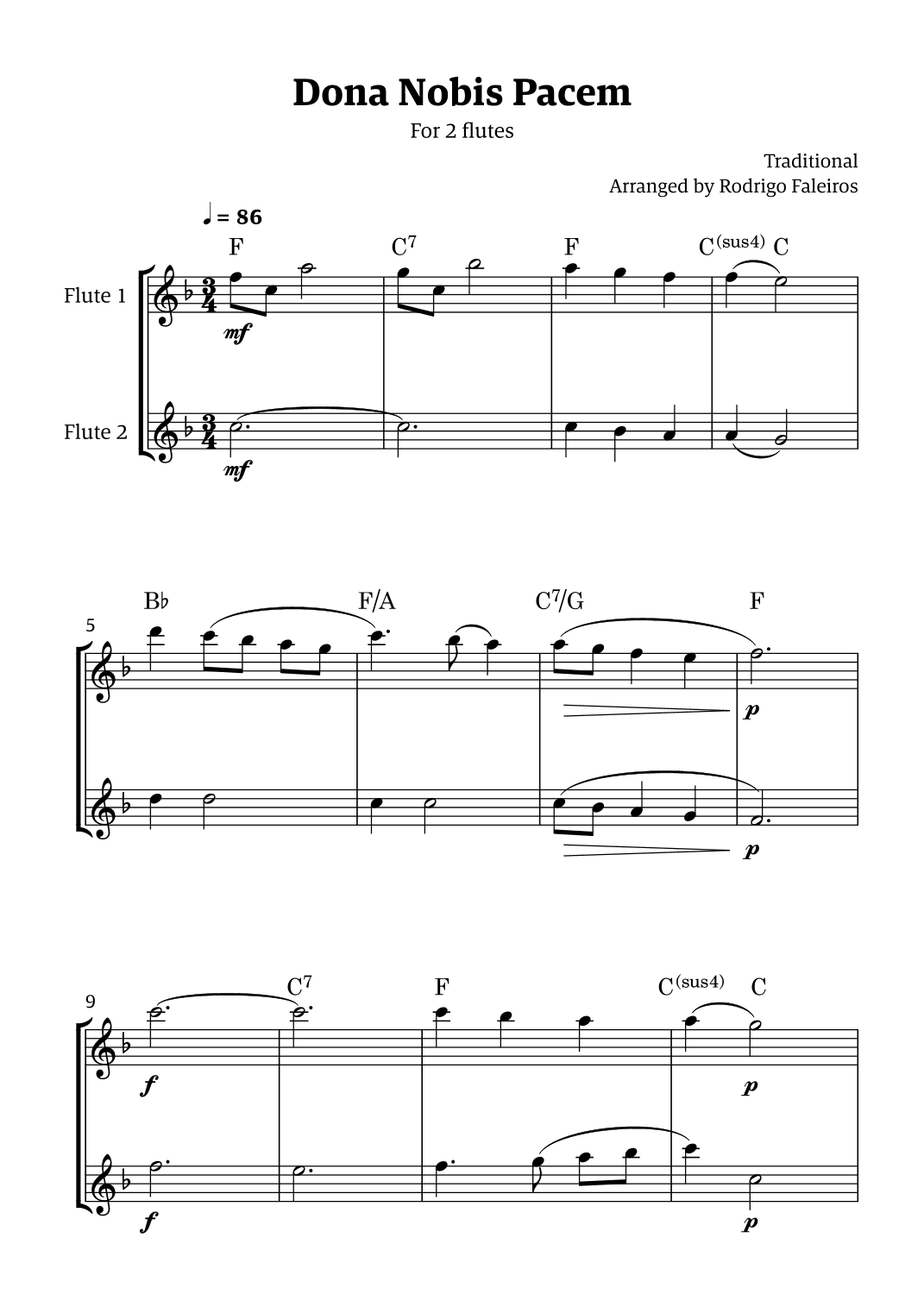 Dona Nobis Pacem - for 2 flutes (with chords) (arr. Rodrigo Faleiros)