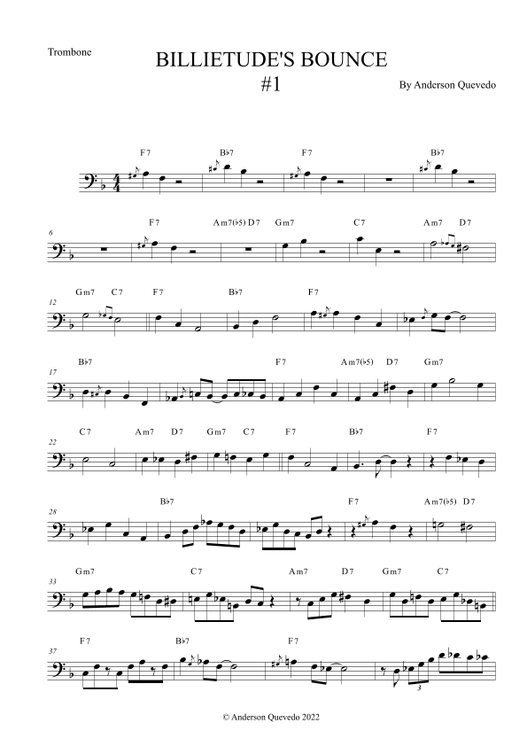 Billietude's Bounce #1 for Trombone - Easy Intermediate Blues/Jazz Original Etude