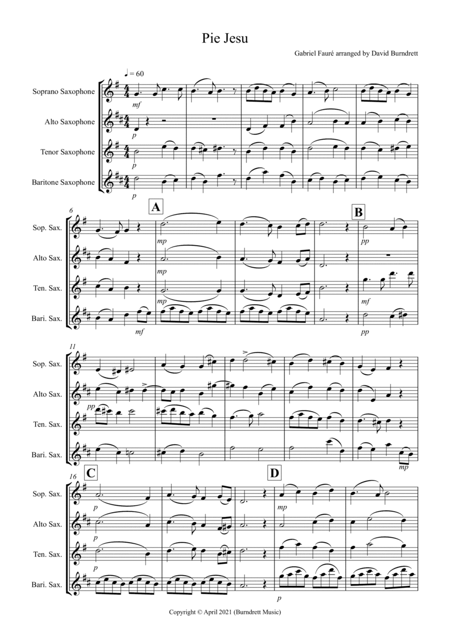 Pie Jesu (from Requiem) for Saxophone Quartet (arr. David Burndrett)