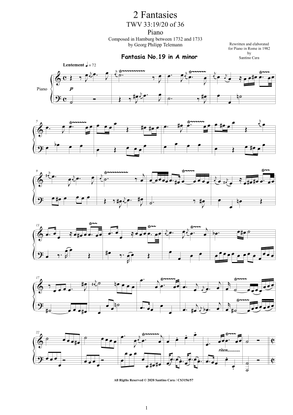 Telemann - 2 Fantasies in (A minor, A major) TWV 33 No.19-20 of 36 for Piano (arr. Santino Cara)