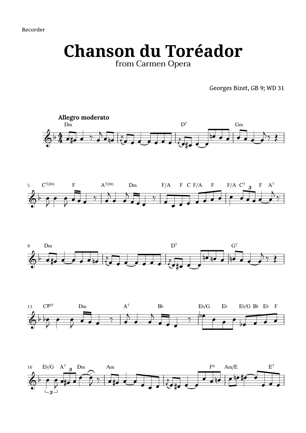 Chanson du Toreador by Bizet for Recorder (arr. Langanho)