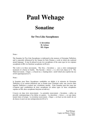 Paul Wehage: Sonatine for two like saxophones