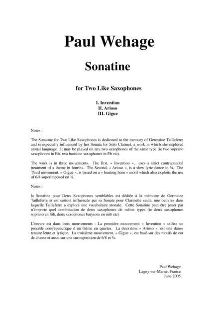 Paul Wehage: Sonatine for two like saxophones