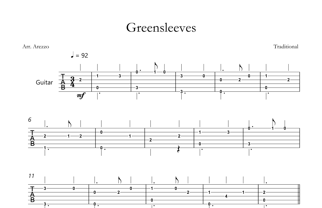 greensleeves tabs for guitar celtic traditional music (arr. Arezzo Music)