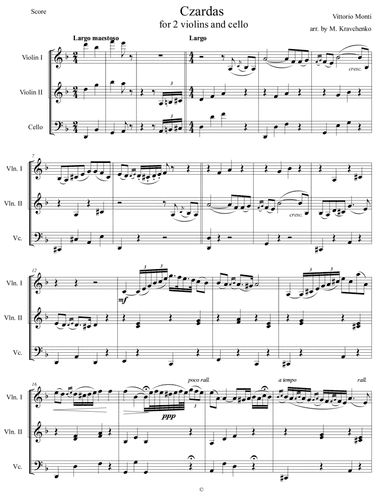 Vittorio Monti - Czardas arr. for 2 violins and cello  (score and parts) (arr. Maksym Kravchenko)