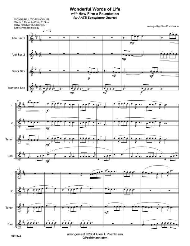 WONDERFUL WORDS OF LIFE with HOW FIRM A FOUNDATION - Saxophone Quartet (AATB or SATB) (arr. Glen Poehlmann)
