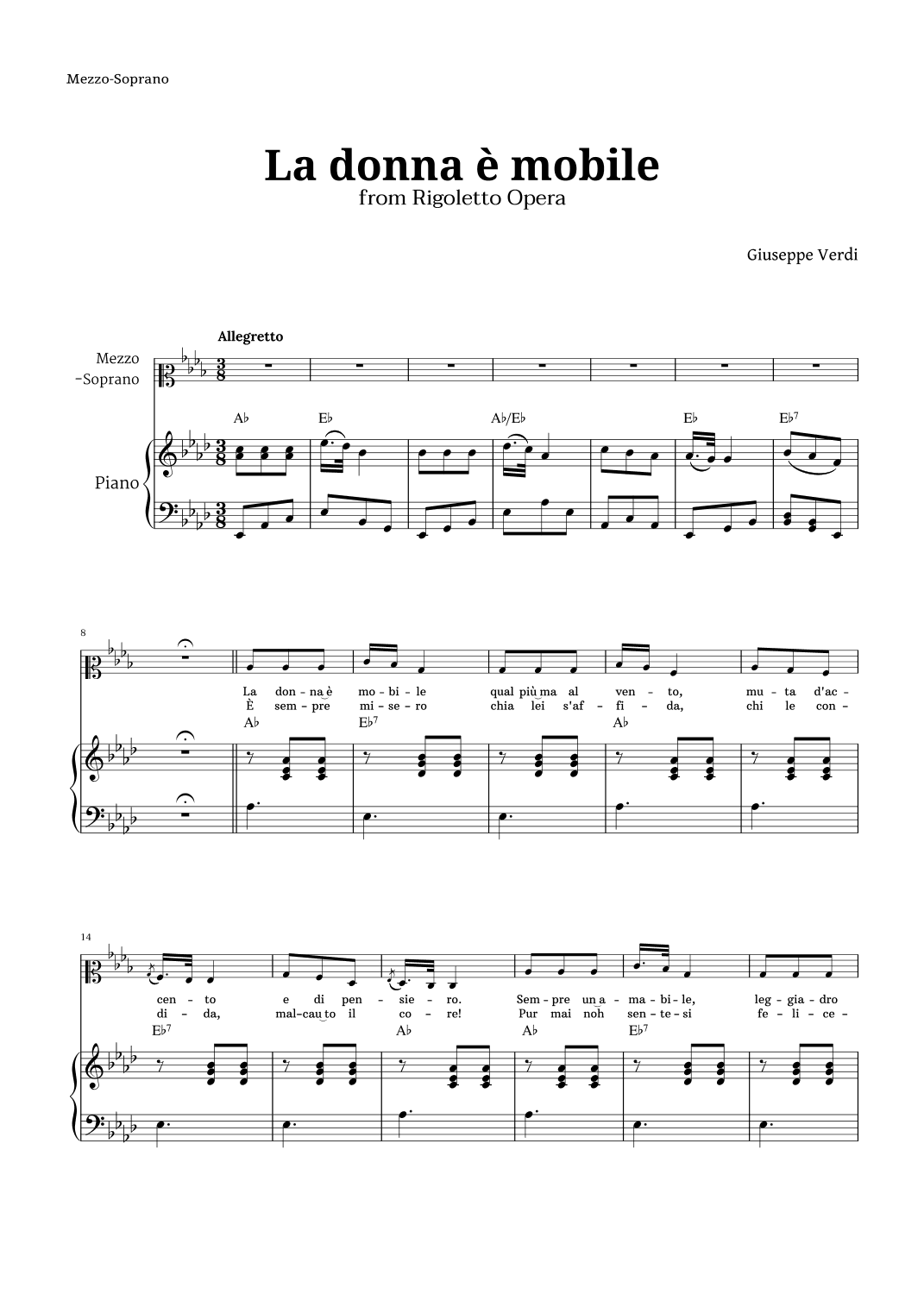 La donna è mobile in A-flat major for Mezzo Soprano and Piano (arr. Langanho)