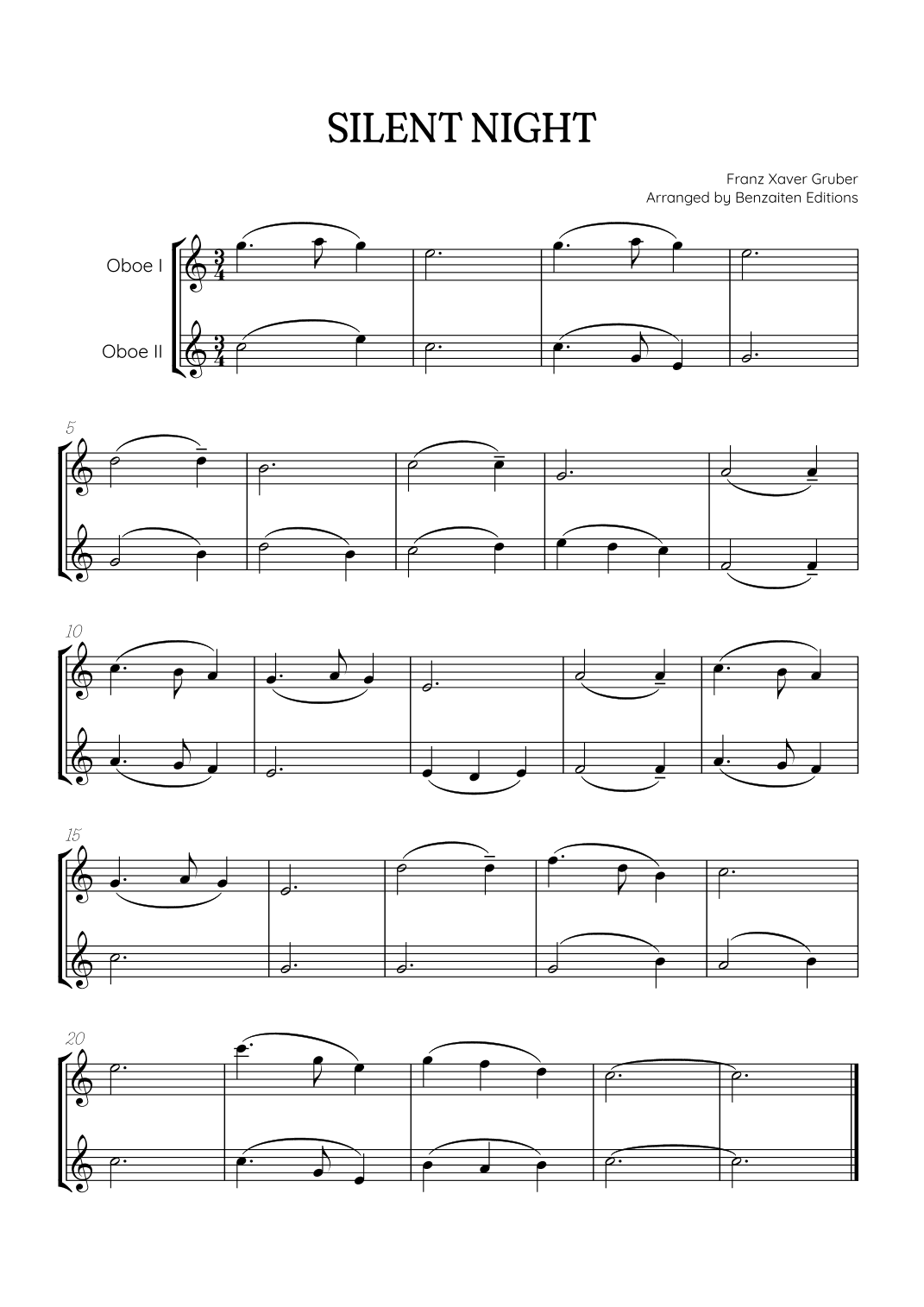 Silent Night for oboe duet • easy Christmas song sheet music (arr. Benzaiten Editions)