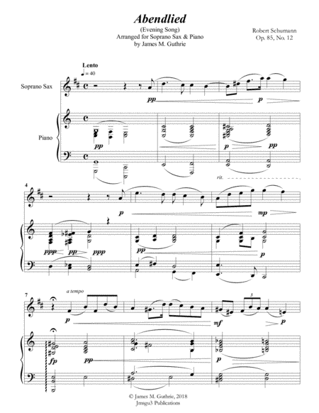 Schumann: Abendlied for Soprano Sax & Piano (arr. James M. Guthrie, ASCAP)