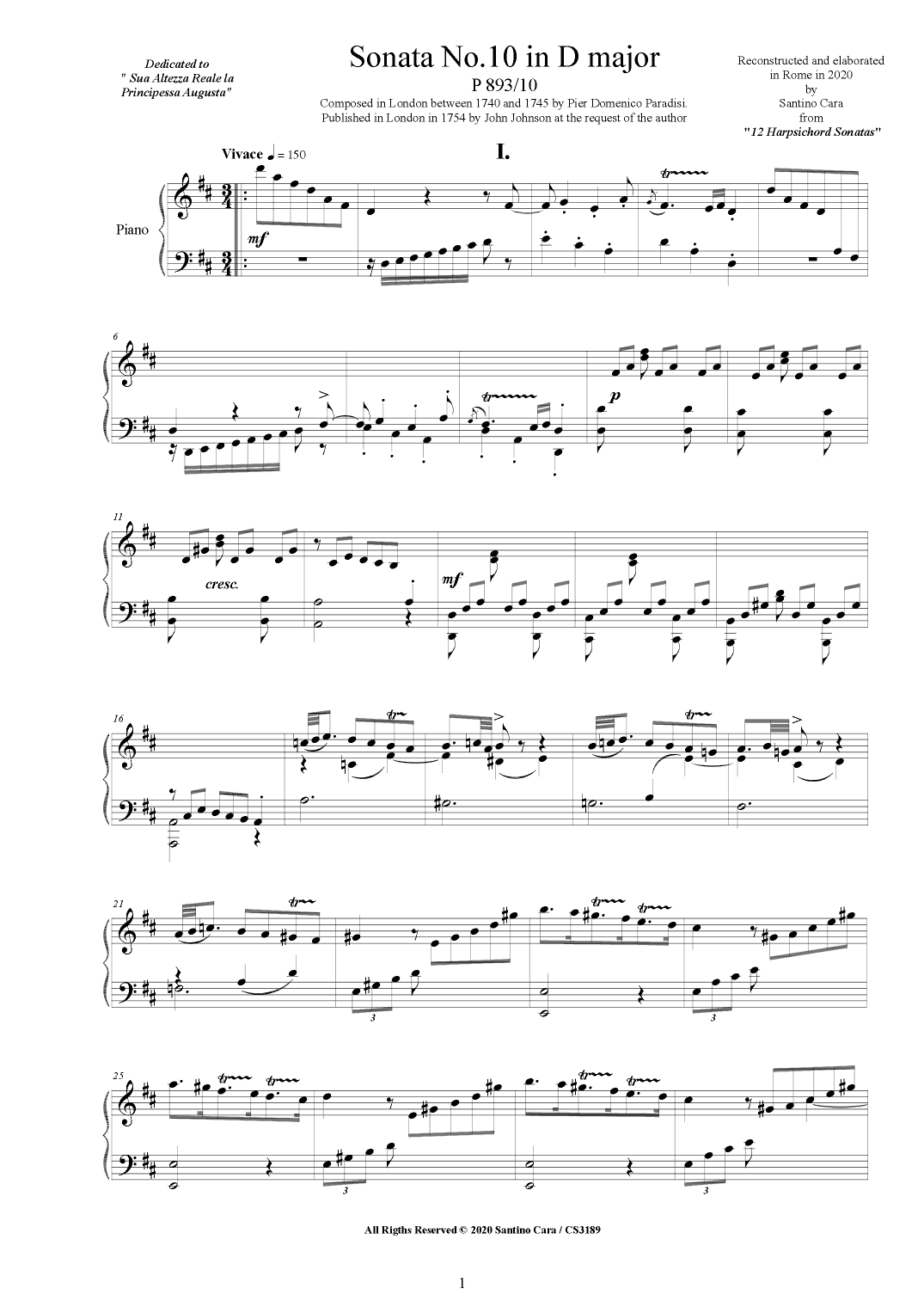 Paradisi - Piano Sonata No.10 in D major, P893-10 (arr. Santino Cara)