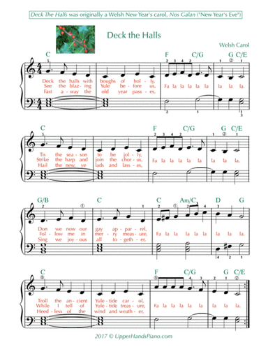 Deck The Halls (Easy) (arr. Gaili Schoen for UpperHandsPiano.com)