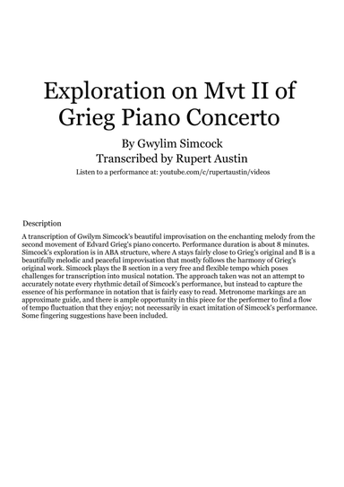 Exploration on Mvt II of Grieg Piano Concerto (solo piano) (arr. Gwilym Simcock)