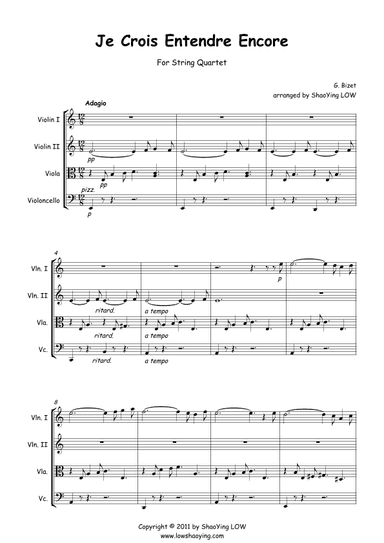 "Je Crois Entendre Encore" arranged for string quartet (arr. ShaoYing Low)