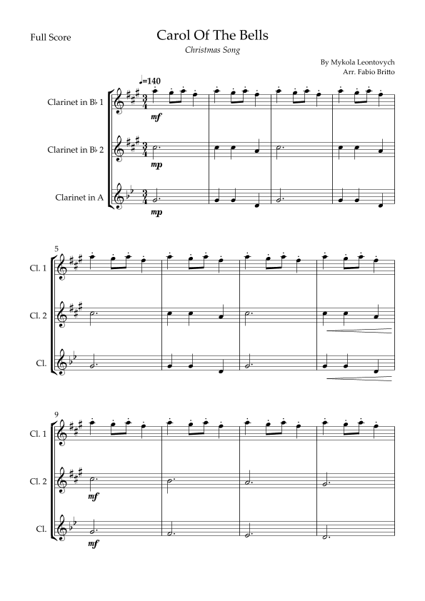 Carol Of The Bells (Christmas Song) for Clarinet Trio (arr. Fabio Britto)