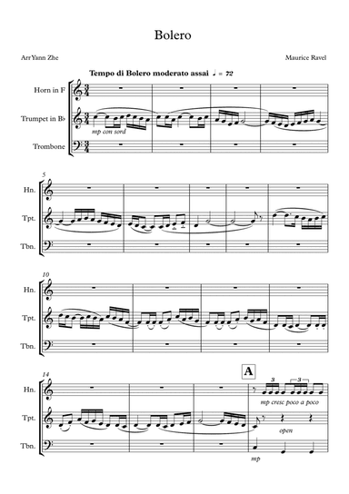 Ravel Bolero Arrange for brass trio (Trumpet, Horn, Trombone) (arr. Yau Yann Zhe)