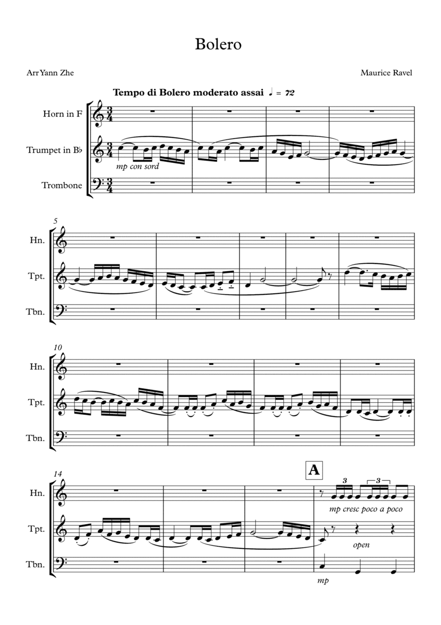 Ravel Bolero Arrange for brass trio (Trumpet, Horn, Trombone) (arr. Yau Yann Zhe)
